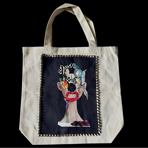 One of a kind custom Custom Tote Bag embellish with stud and my original artwork - Picture 2 of 9